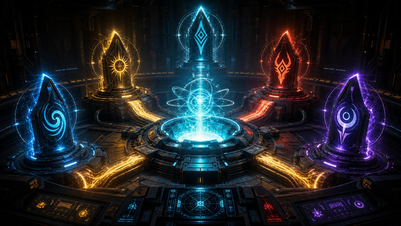 Reactor core with five abstract god sigils